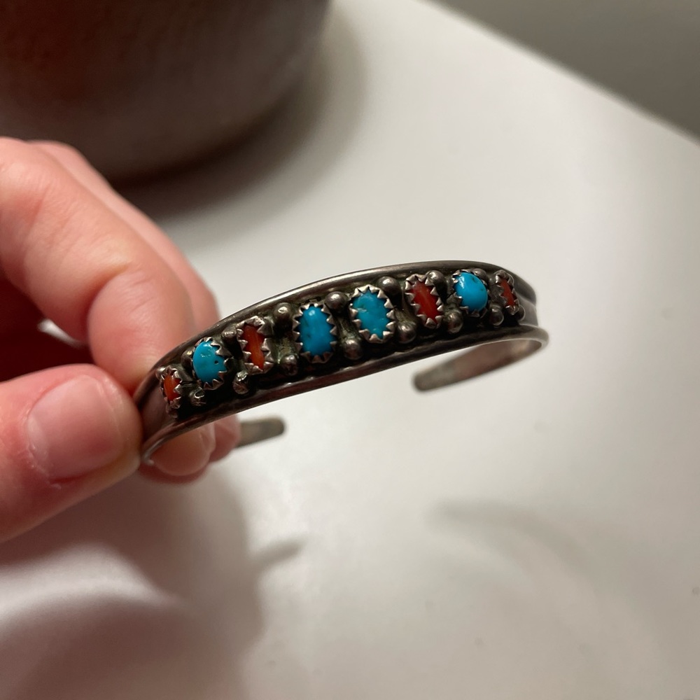 Turquoise & Coral Sterling Cuff Bracelet